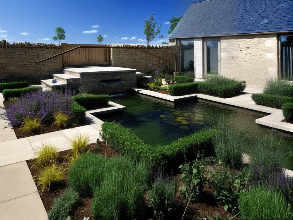 A pond surrounded by vibrant flowers, with a house featuring Cotswold stone steps in the background.