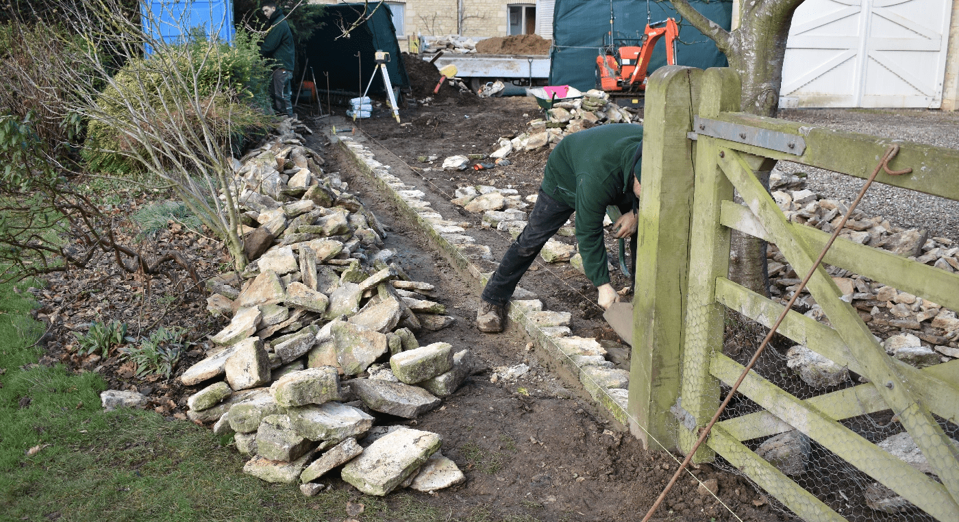 The early stages of wall construction for project 7465 by Cotswold Estates and Gardens.