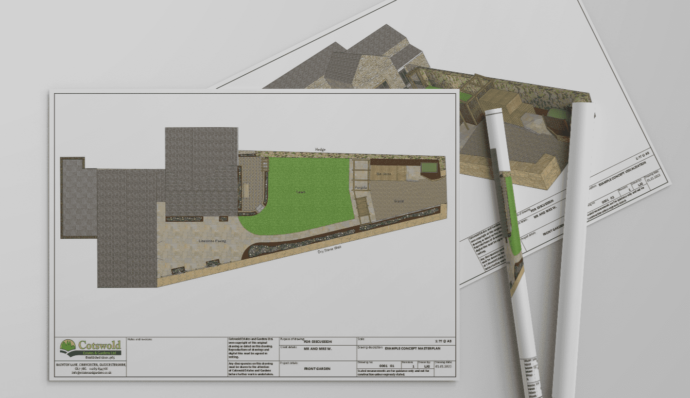 An architectural plan mockup by Cotswold Estates and Gardens.