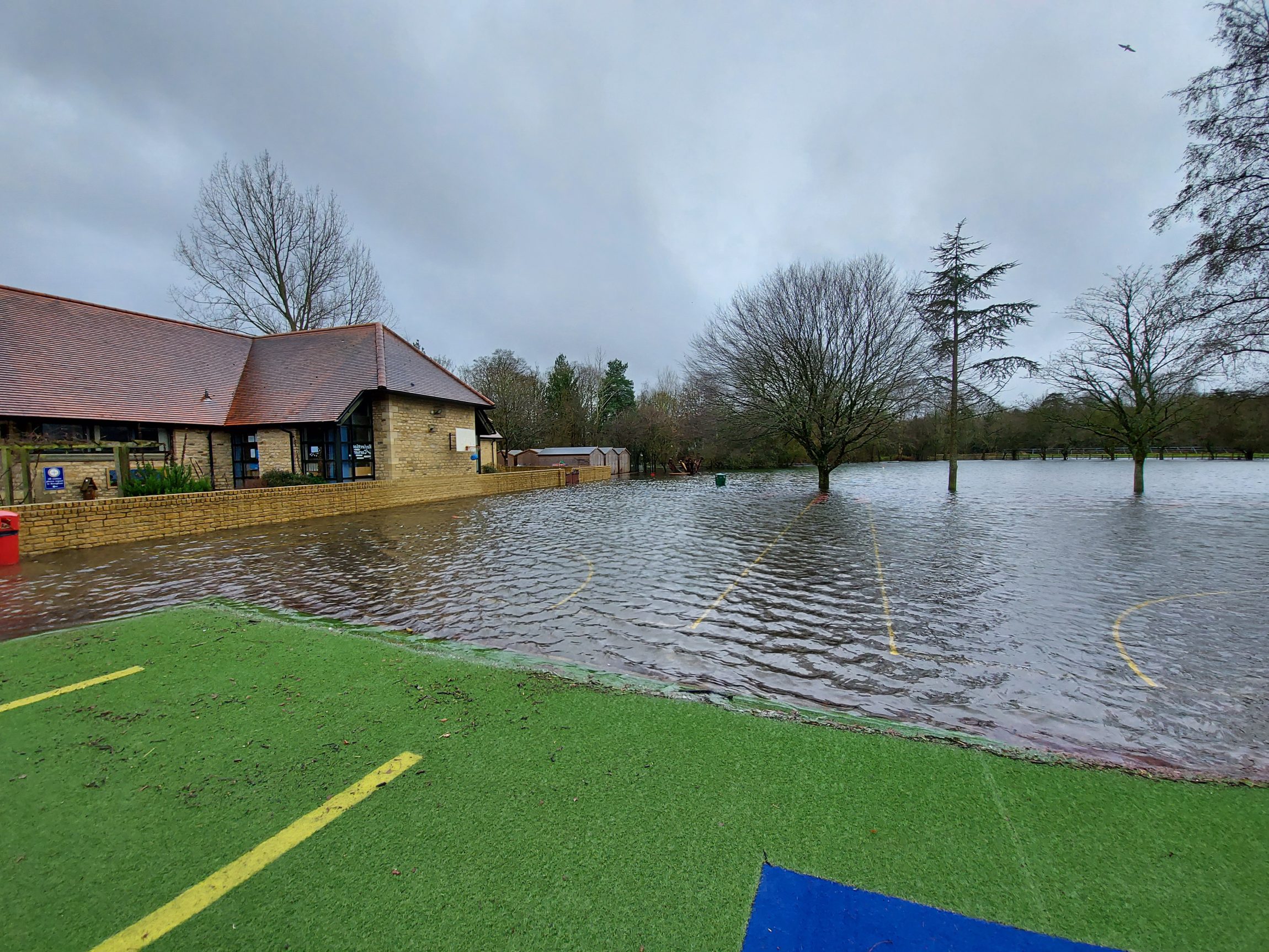 Flood defence installation at Powells School, featuring protective barriers and drainage systems.